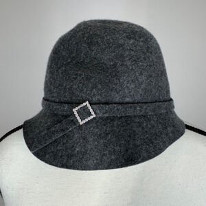 Women Cloche Hat Italian 100% Wool Vintage Style, Rhinestone Buckle Grey Size OS